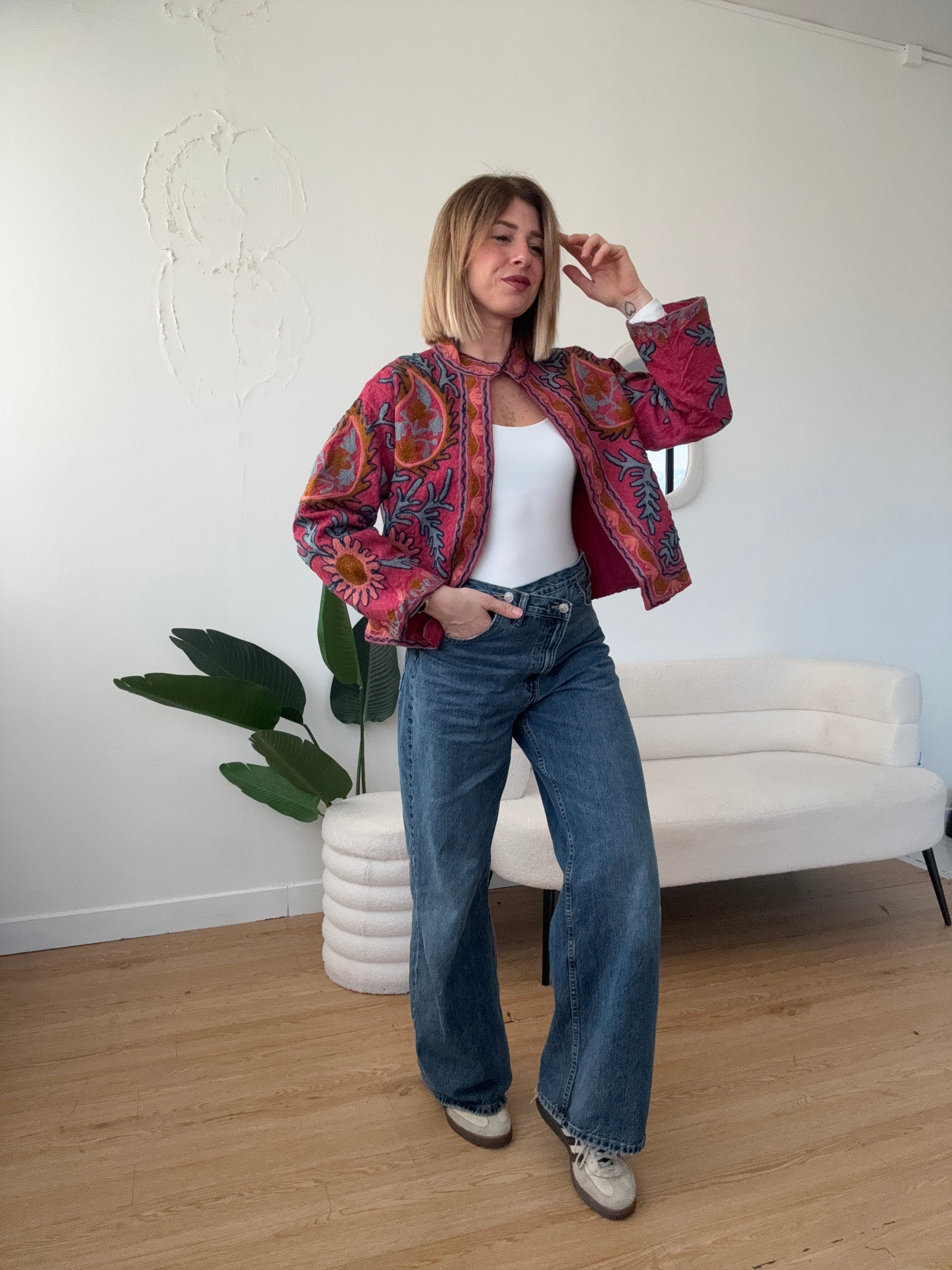 Giacca ricamata 100% cotone Fucsia