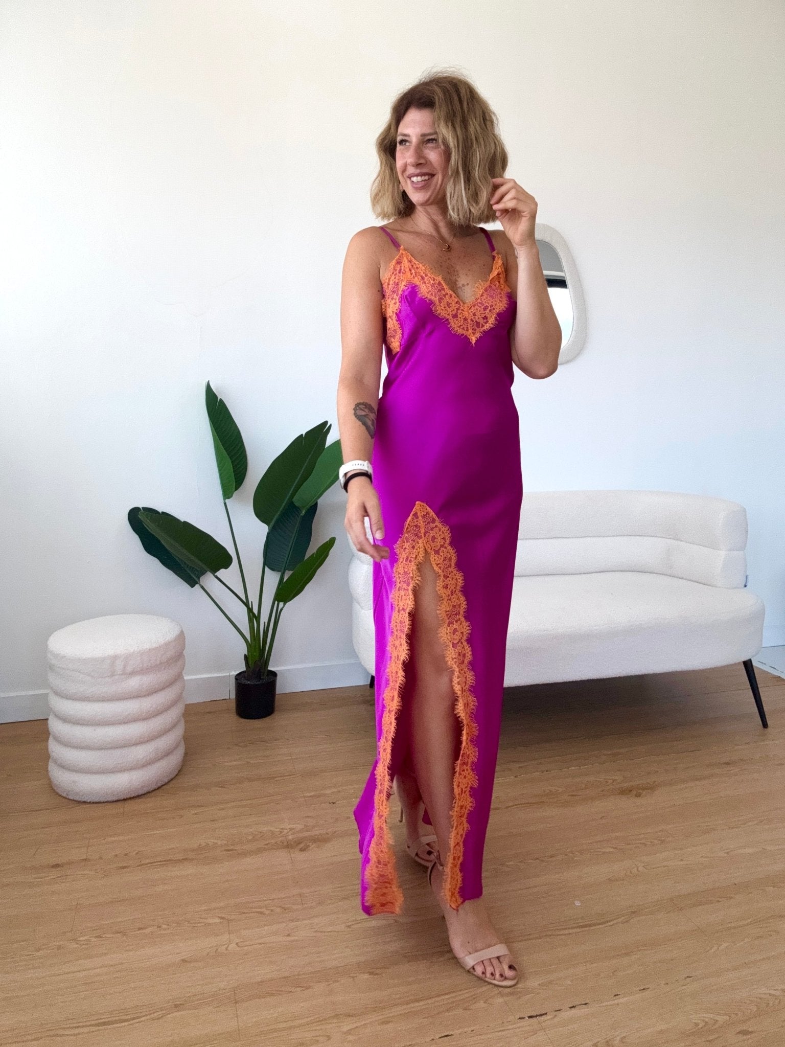 Abito lungo effetto seta con pizzo e spalline Eden - G.Glamour