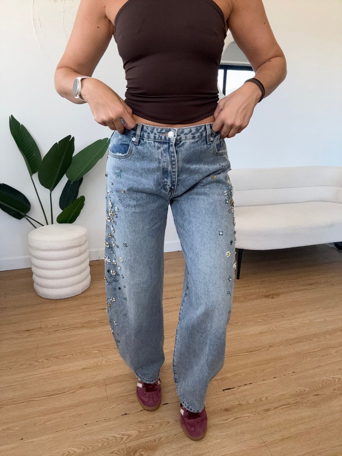 Jeans barrel con strass laterali - GGlam