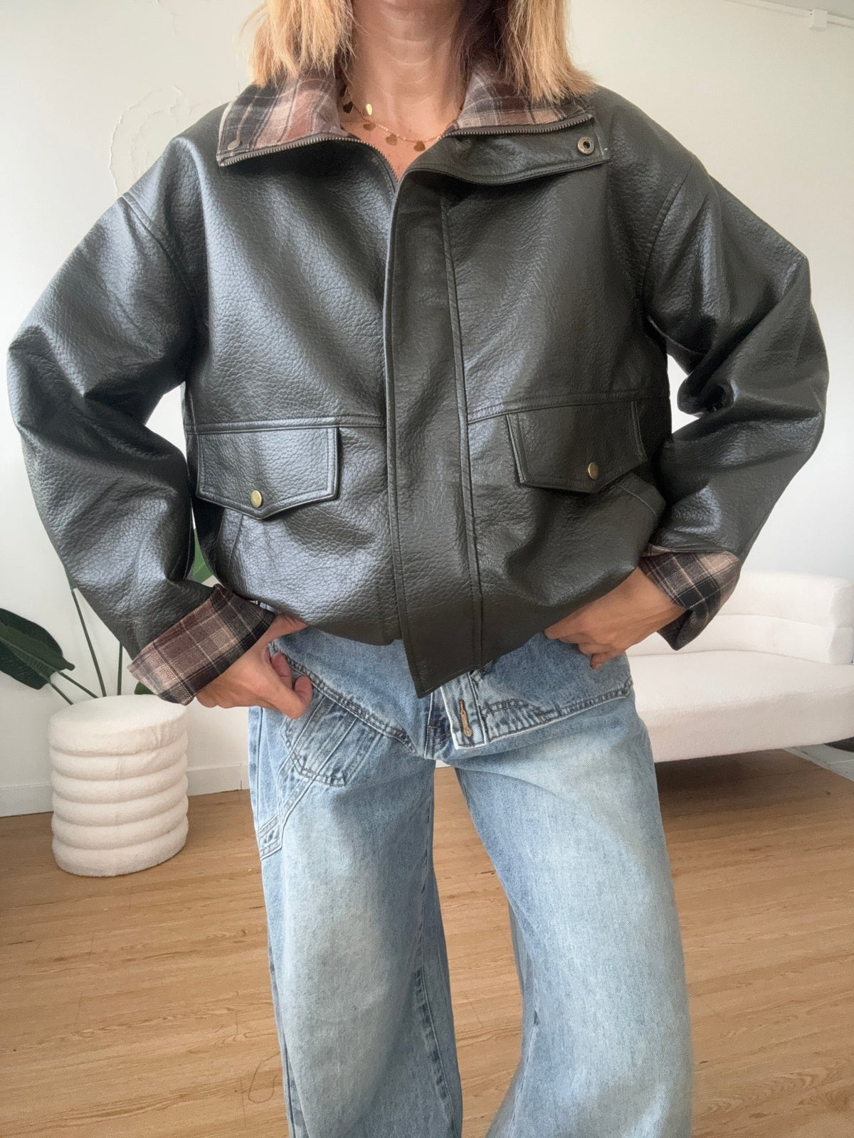 Bomber ecopelle verde con colletto a quadri - GGlam