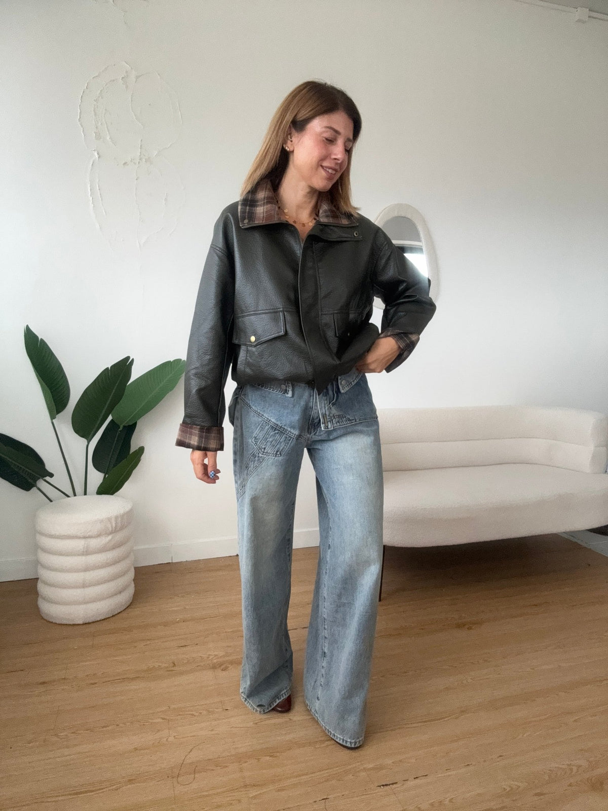 Bomber ecopelle verde con colletto a quadri - GGlam