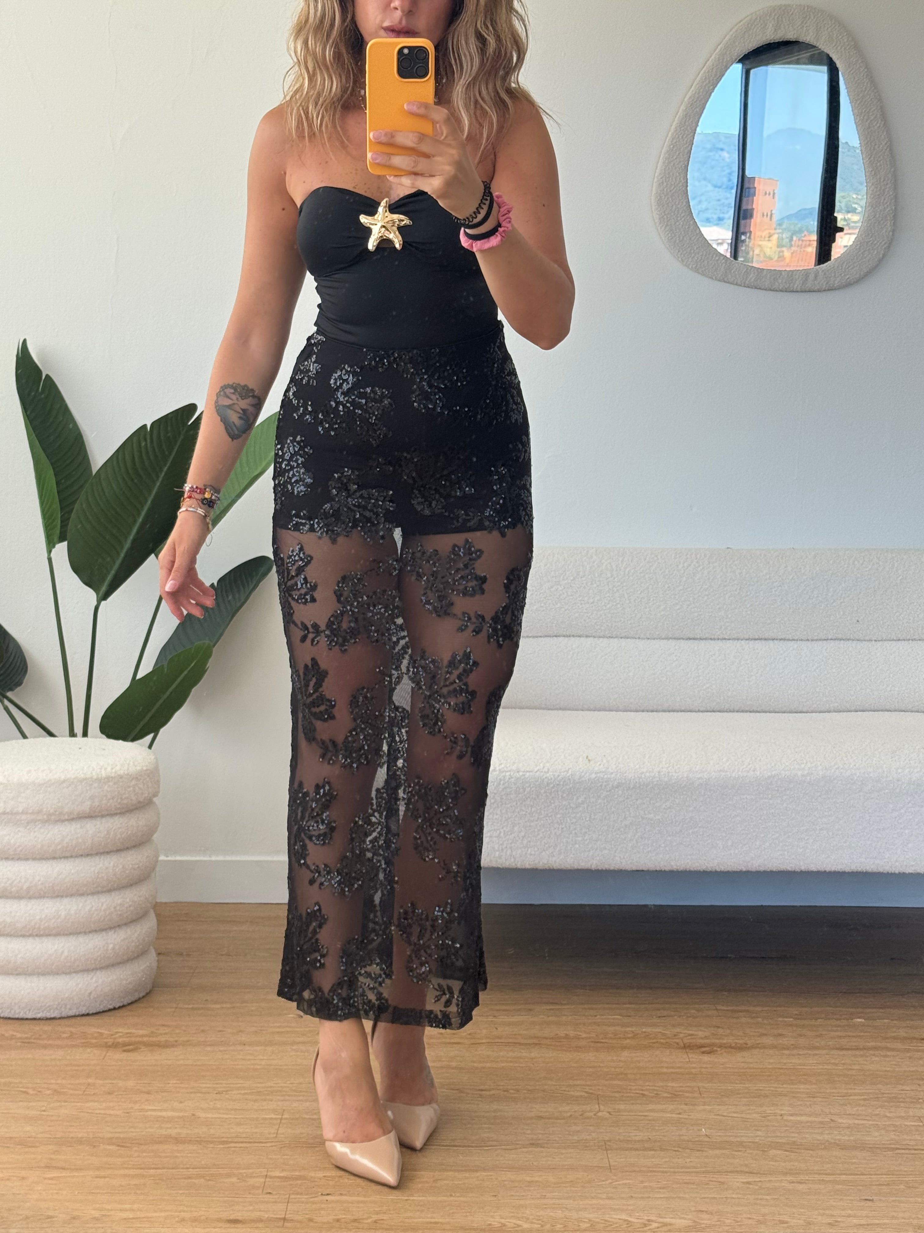 Gonna longuette con ricami in paillettes