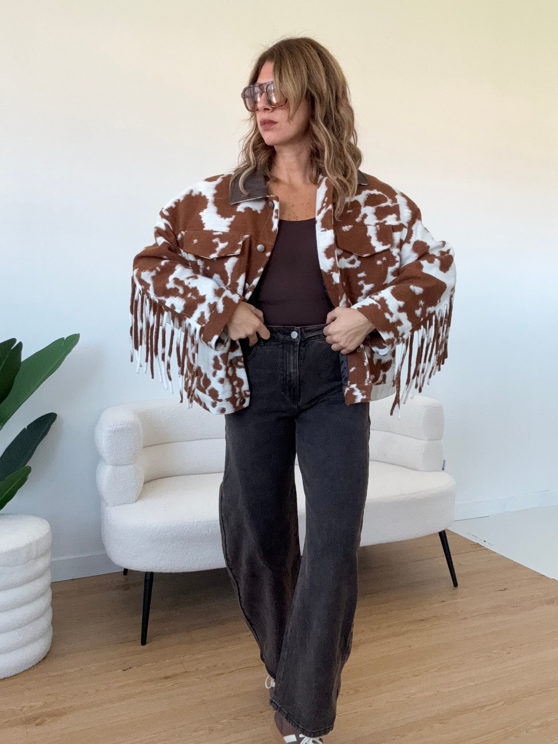 Bomber stampa cow con frange