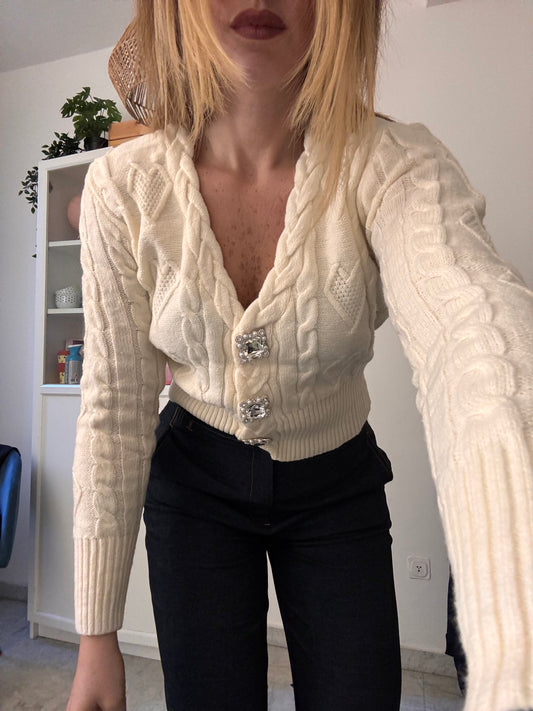 Cardigan con bottoni gioiello quadrati