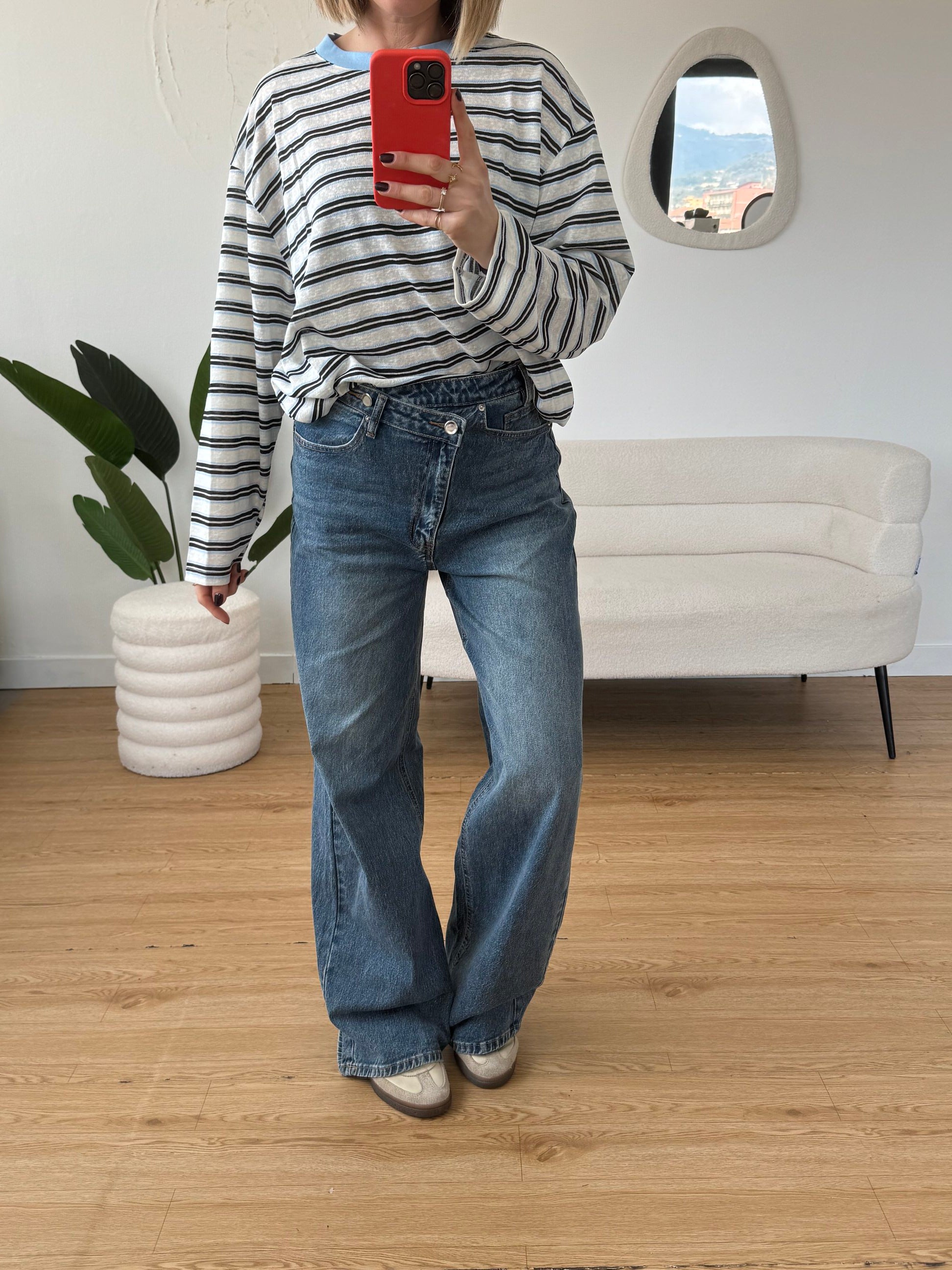 Jeans chiusura asimmetrica wide leg lavaggio scuro