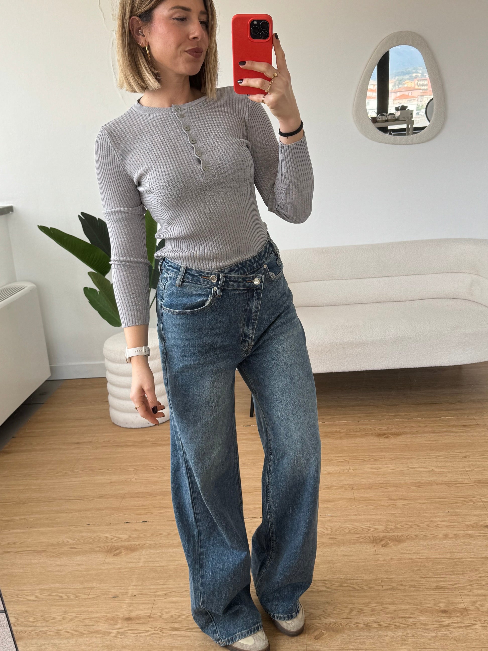 Jeans chiusura asimmetrica wide leg lavaggio scuro