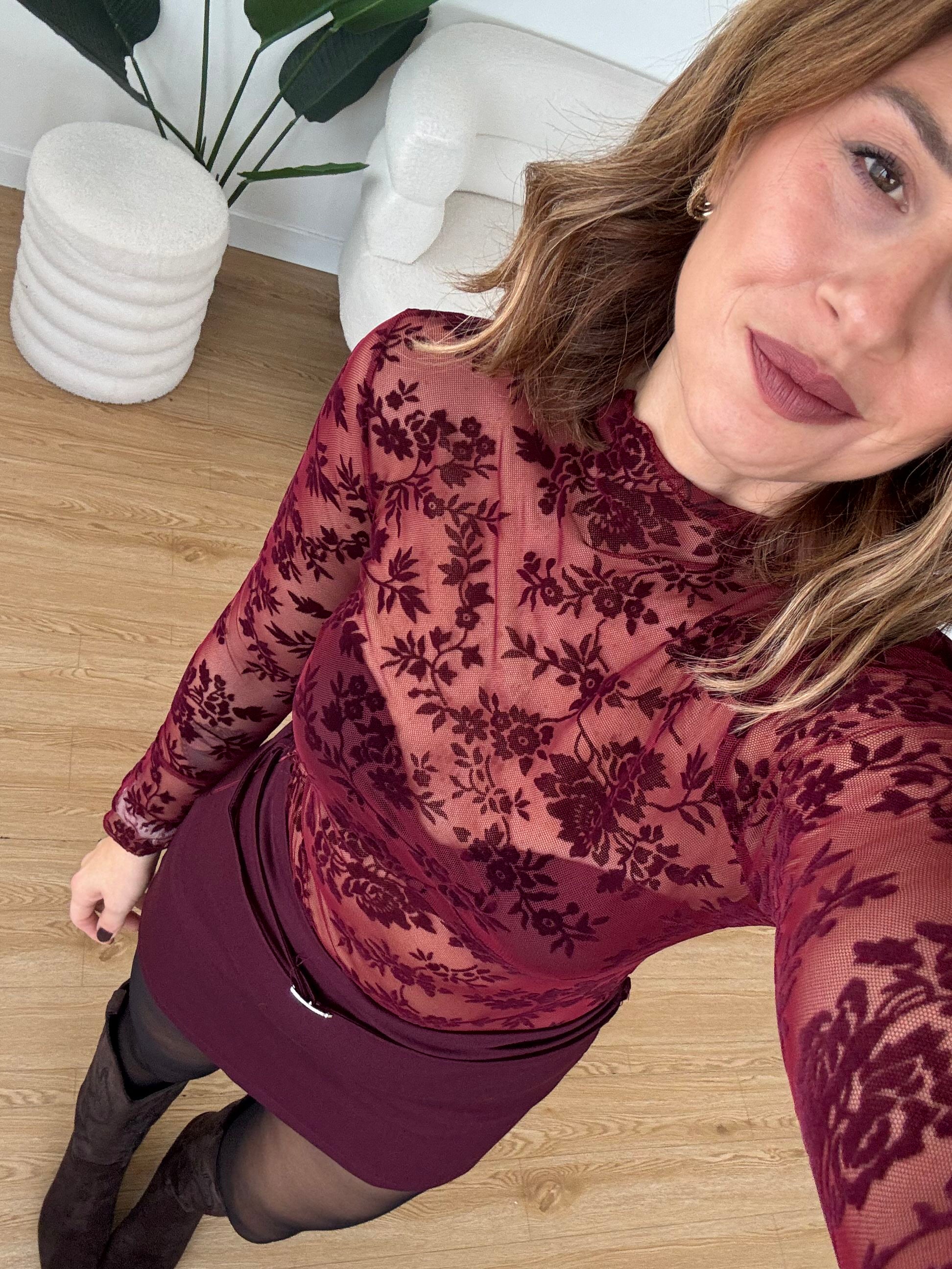 Body tulle con fiori in velluto