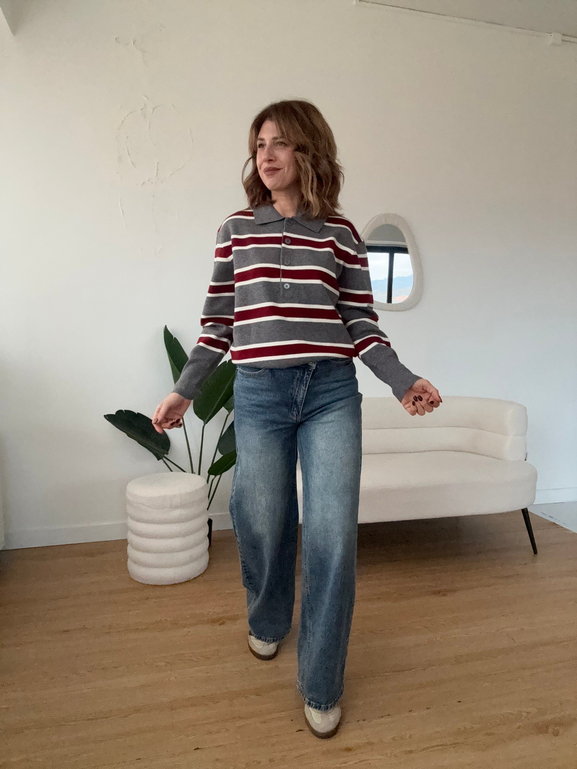 Maglioncino polo a righe grigio bordeaux e bianco