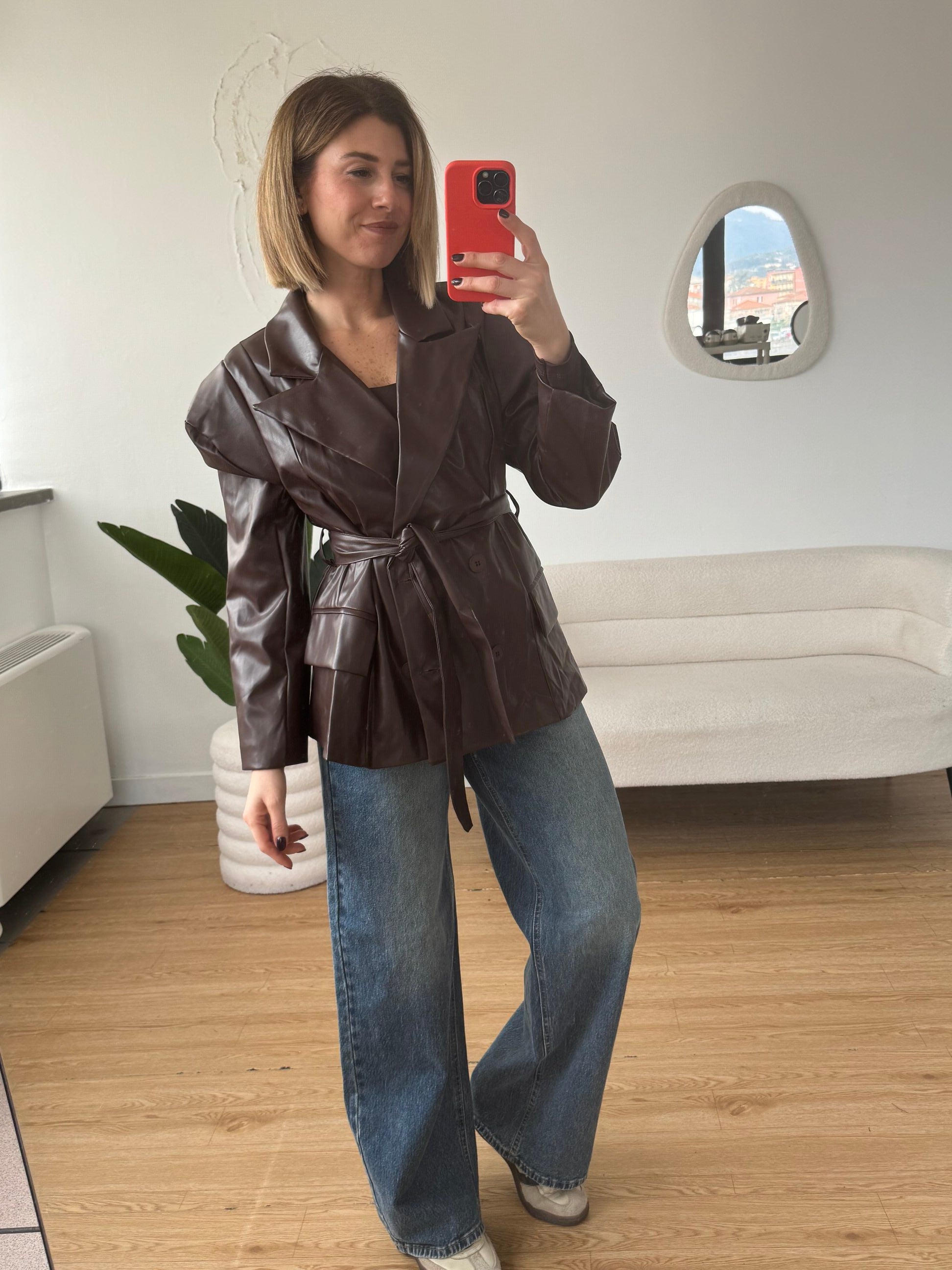 Giacca ecopelle doppio petto con spalline