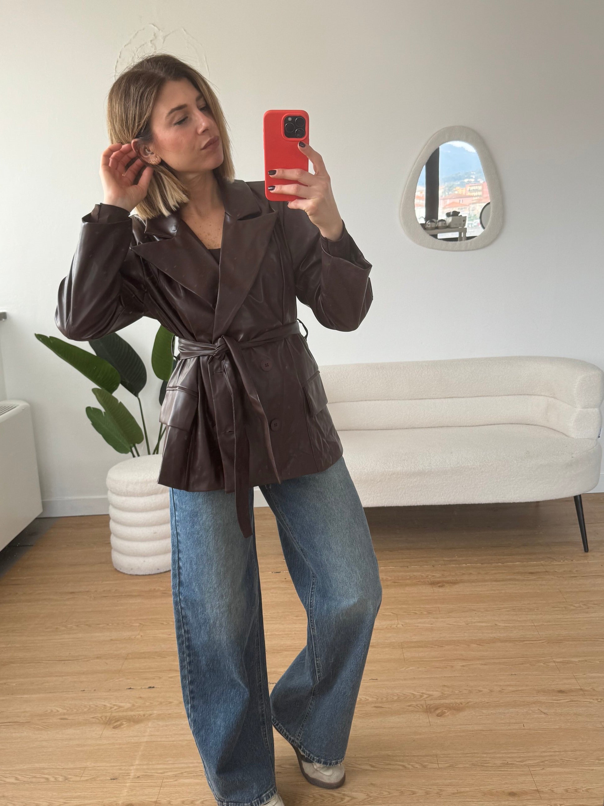 Giacca ecopelle doppio petto con spalline