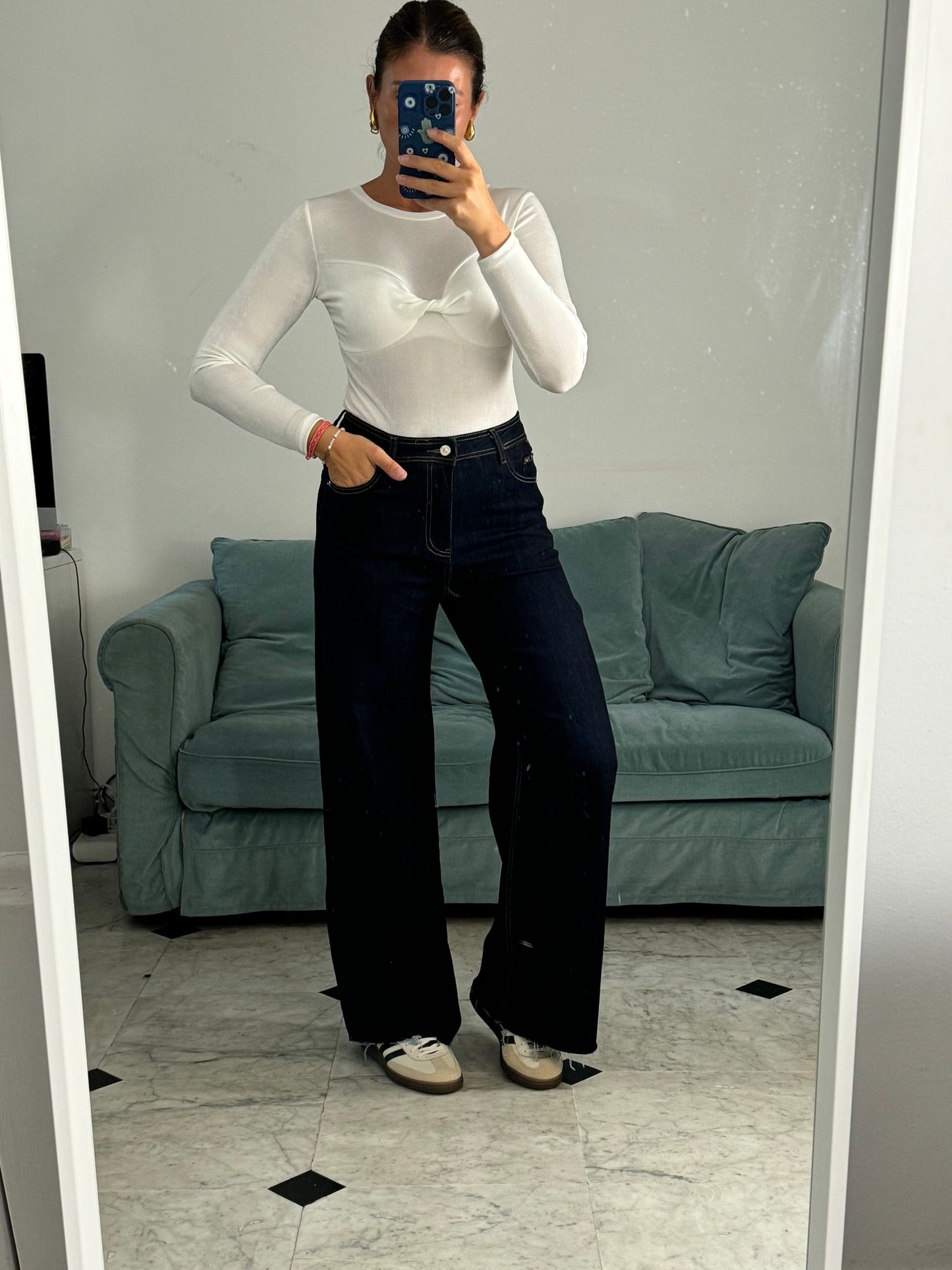 Jeans elasticizzato sfrangiato wide leg