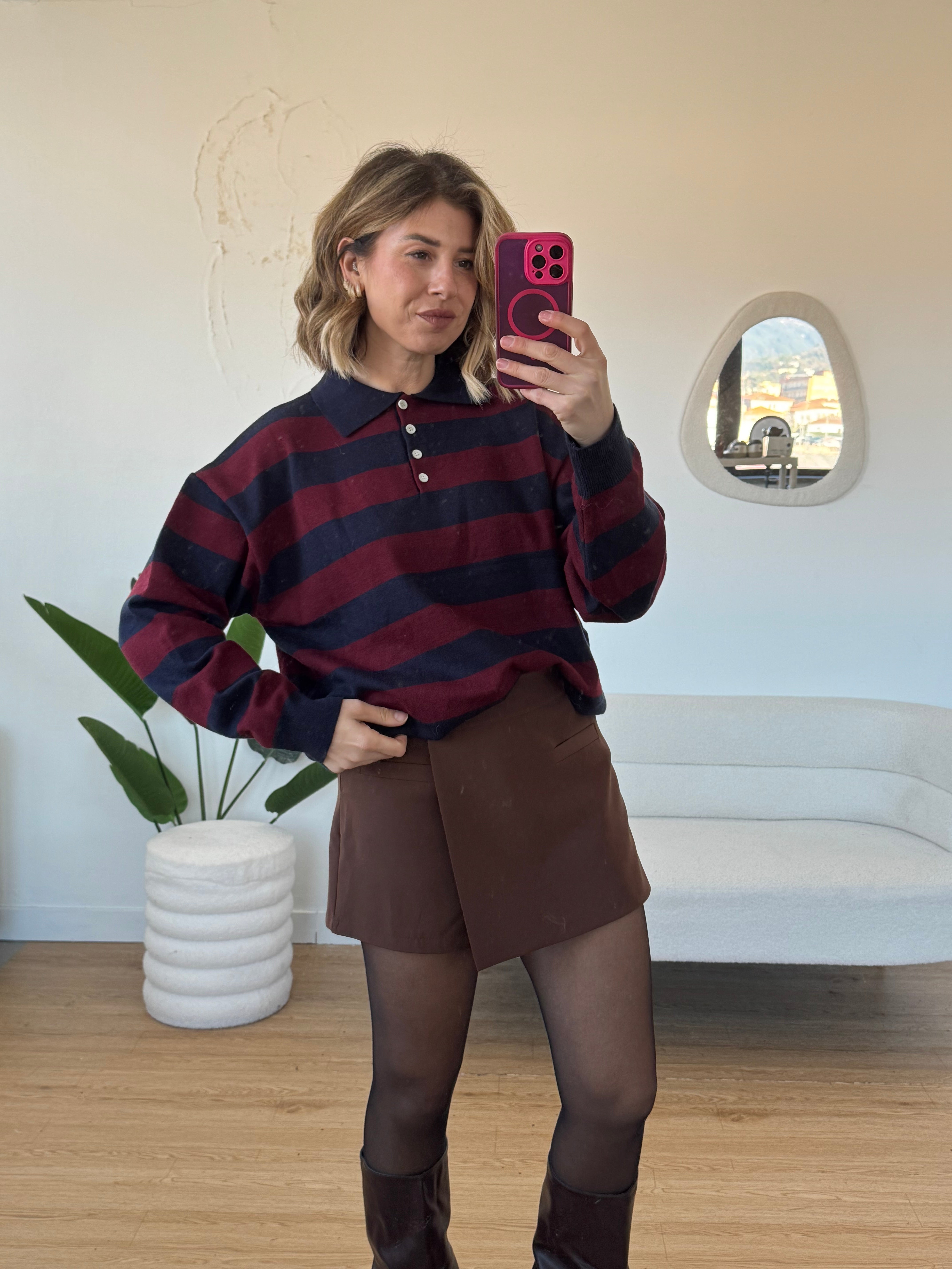 Polo in maglia righe medie bordeaux e blue