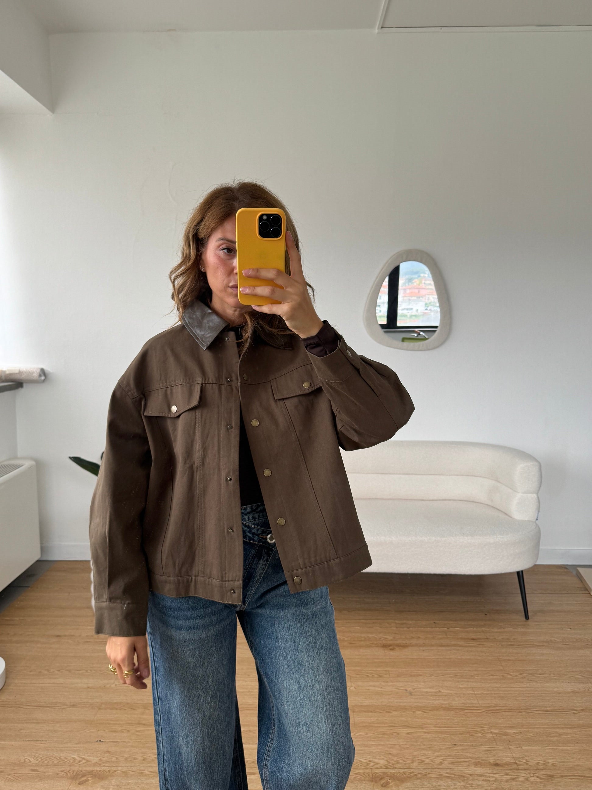 Giacca denim colletto ecopelle