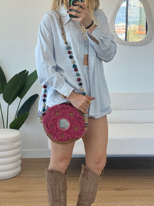 Borsa tonda con specchio e perline