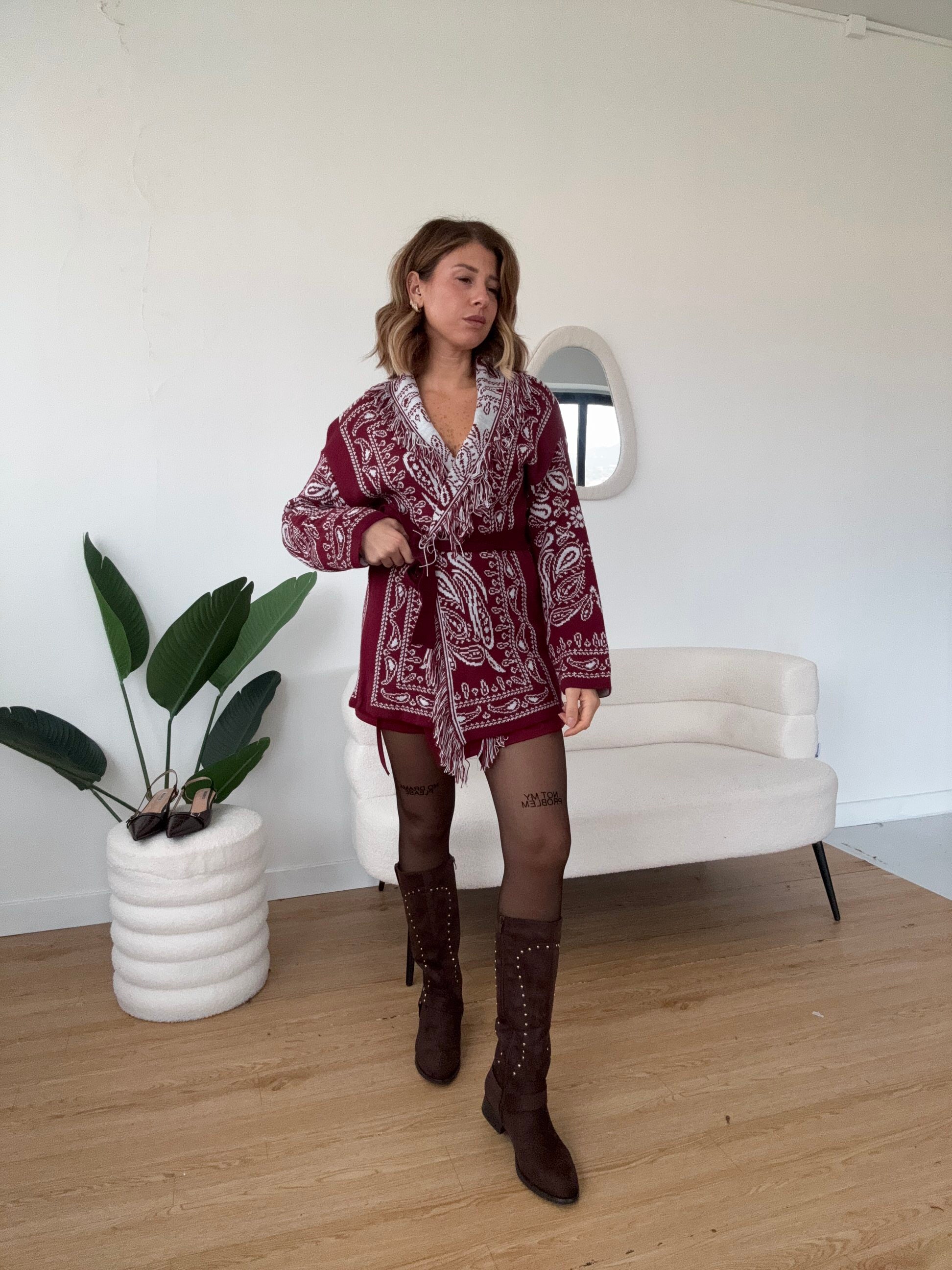 Cardigan frange stampa cachemire bordeaux