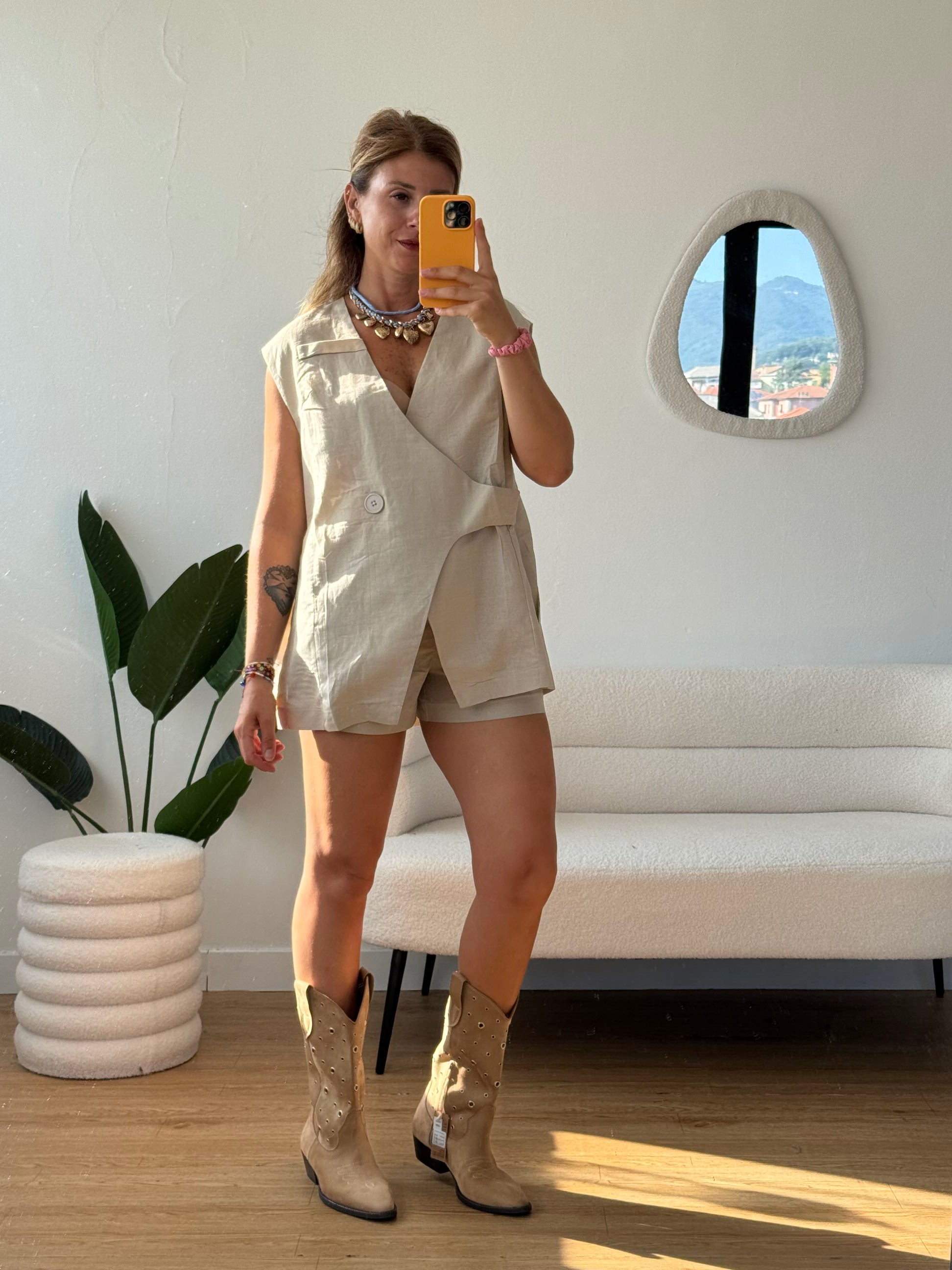 Completo in cotone shorts e maxi gilet