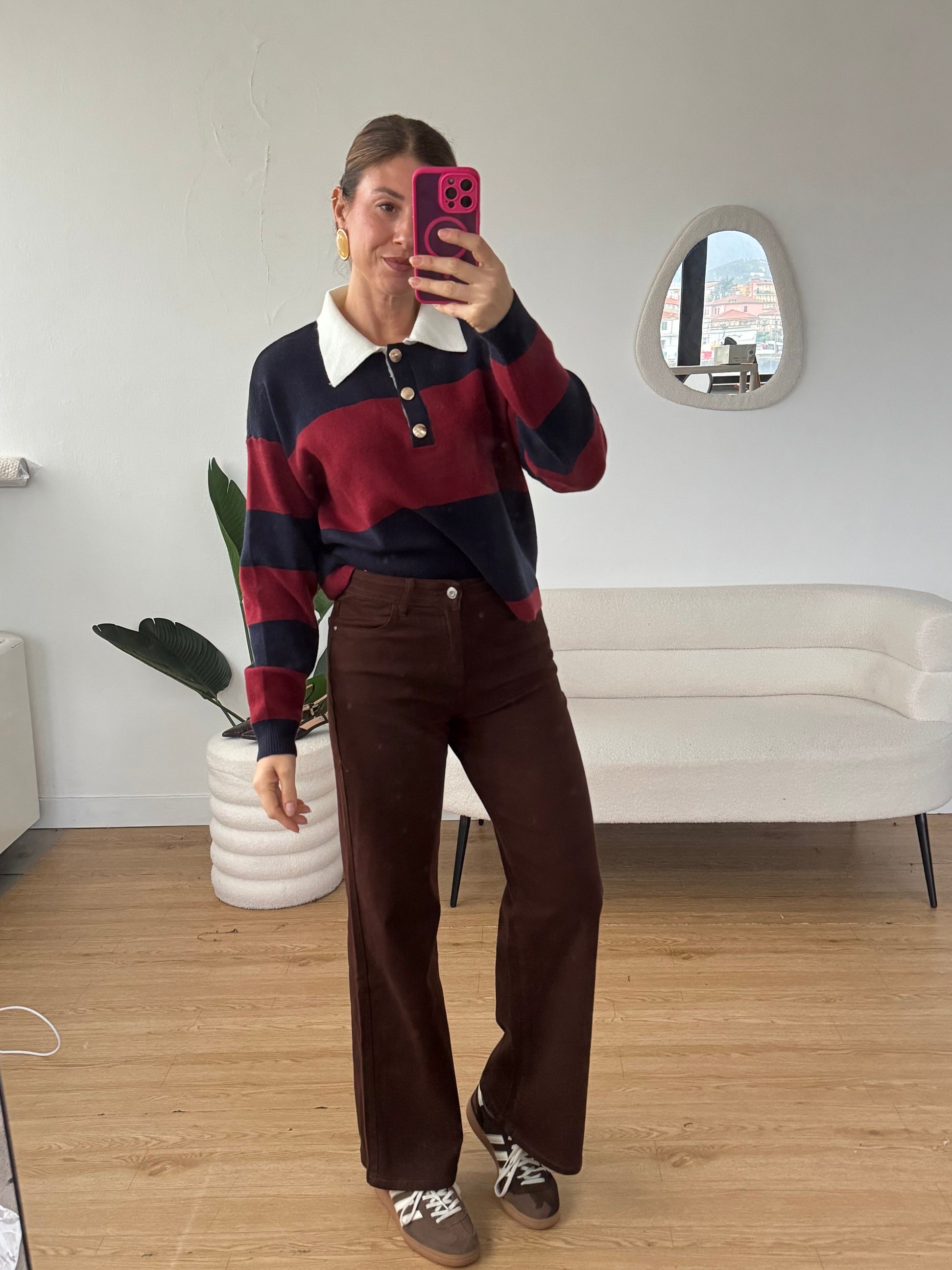 Maglione righe maxi e bottoni oro