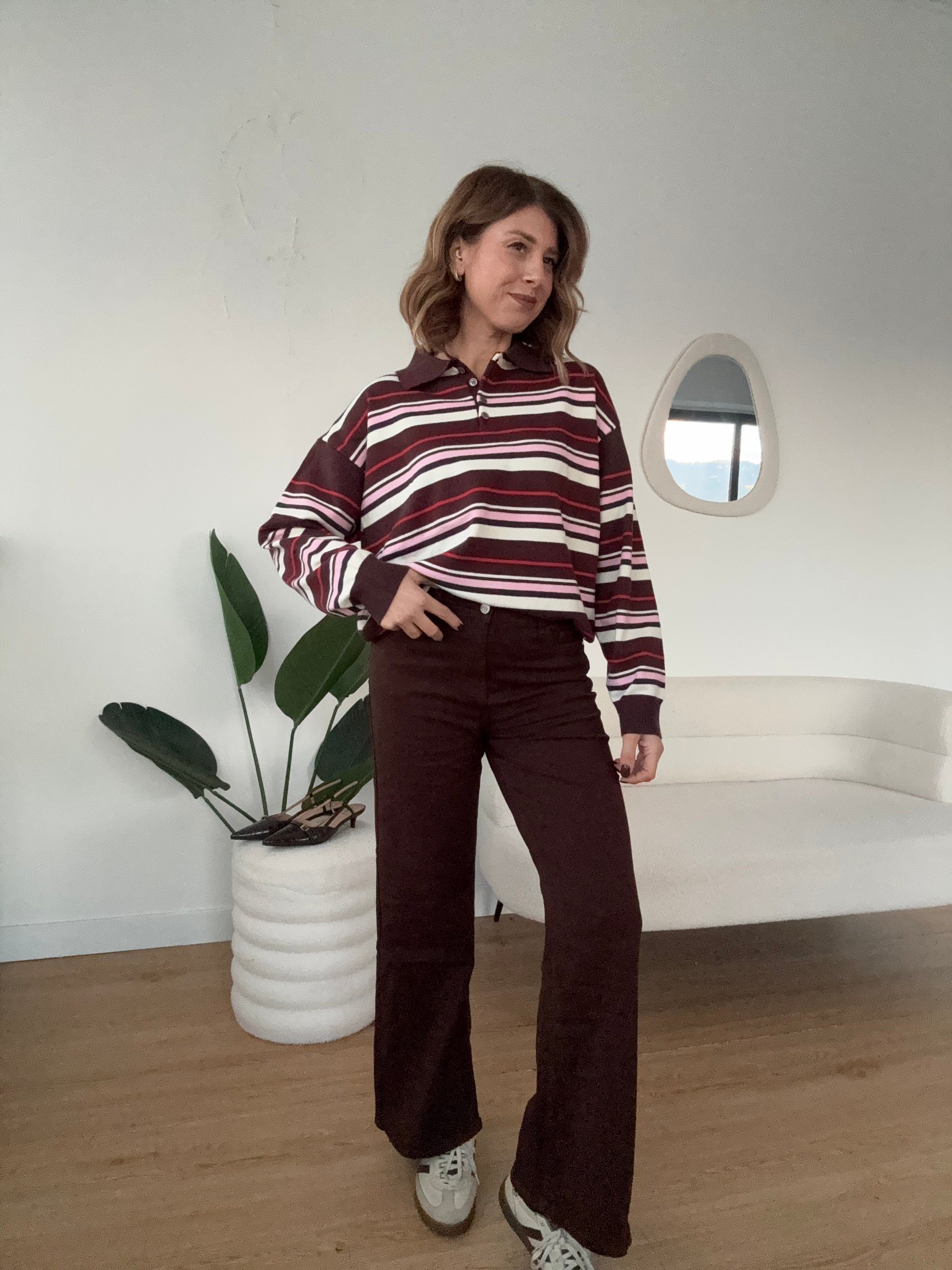 maglioncino polo a righe mix marrone rosa e rosso