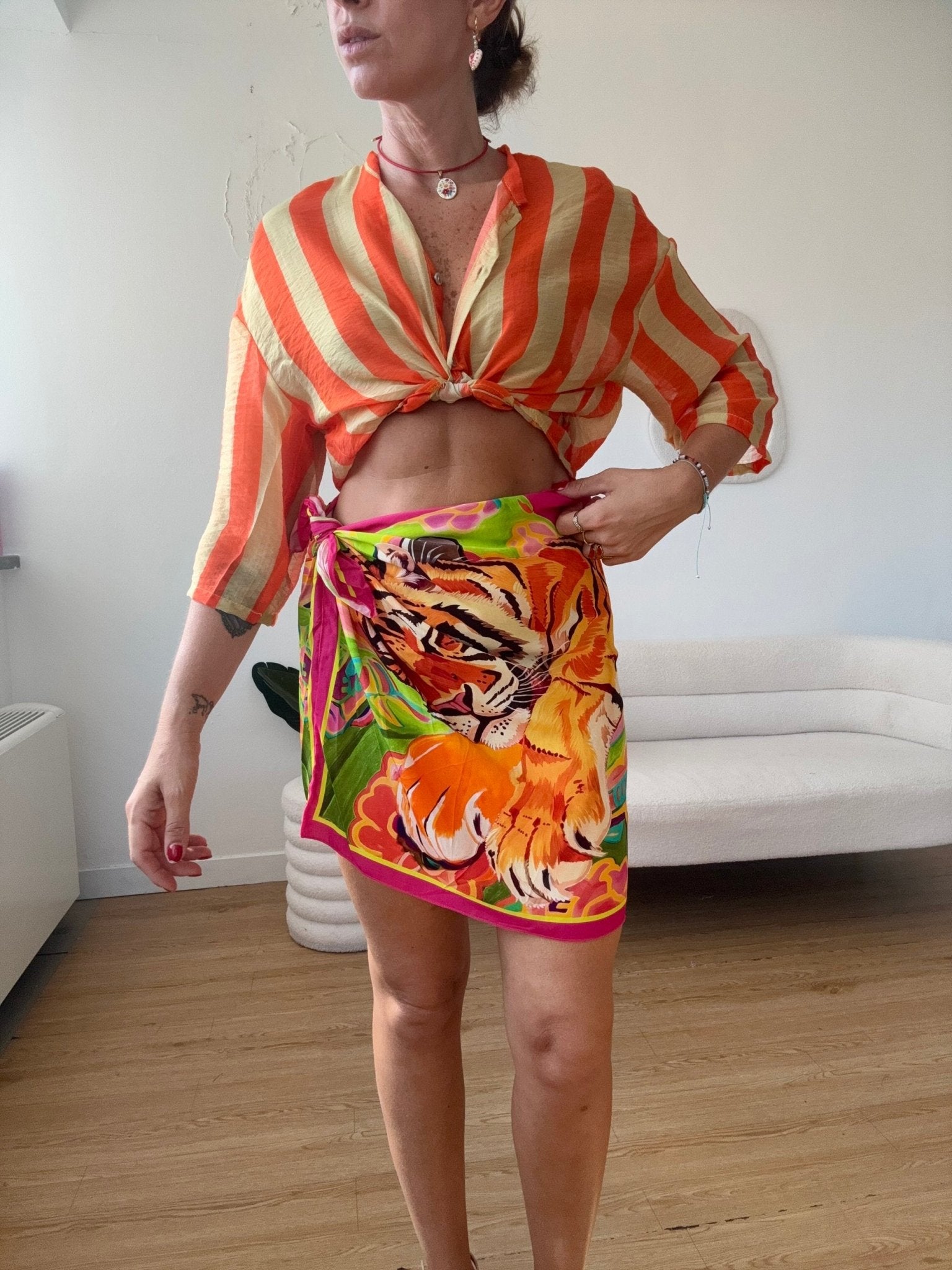 Gonna pareo stampa tigre fucsia e verde - G.Glamour