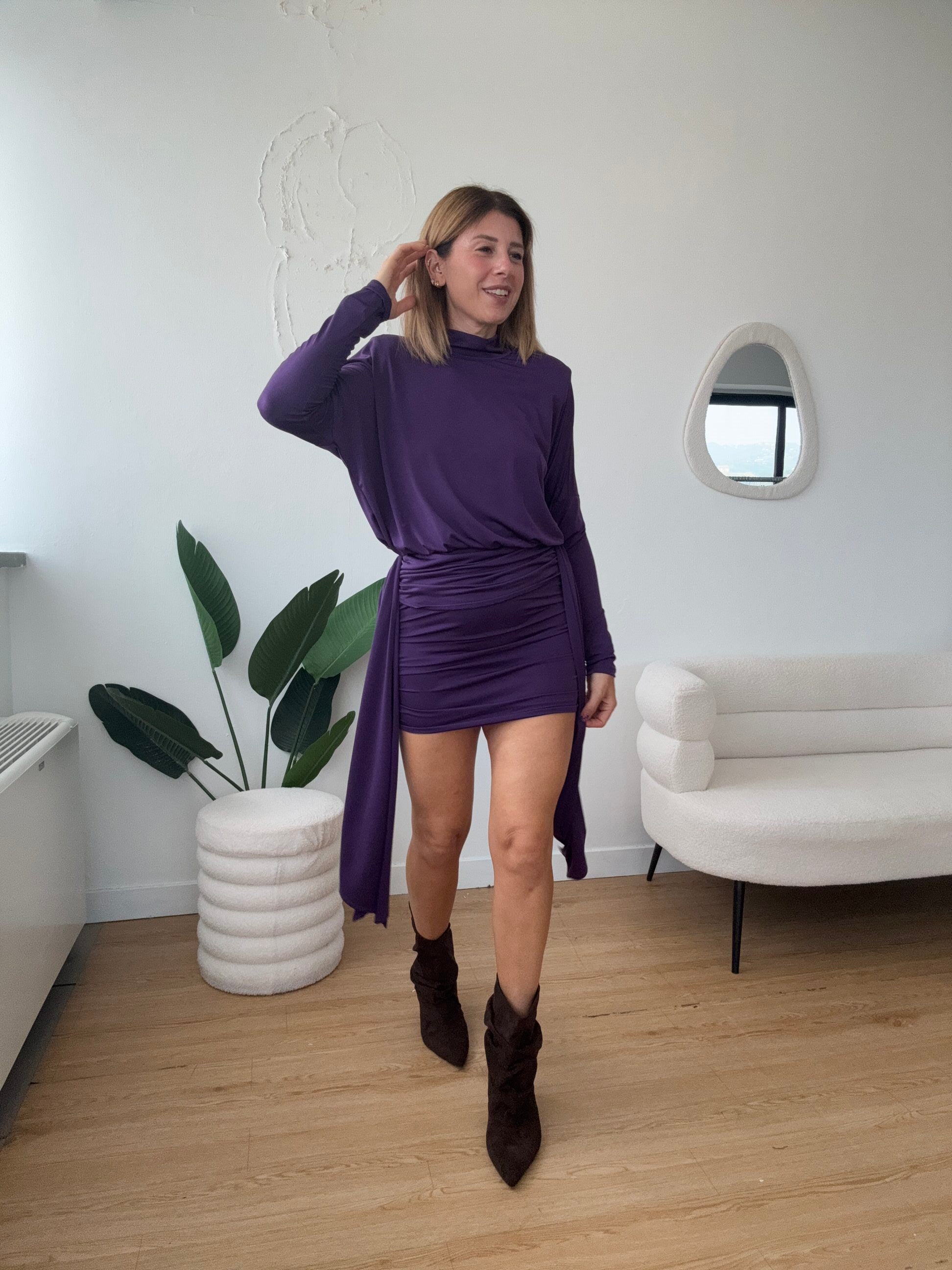 LUMINA- Abito collo alto con spalline gonna arricciata