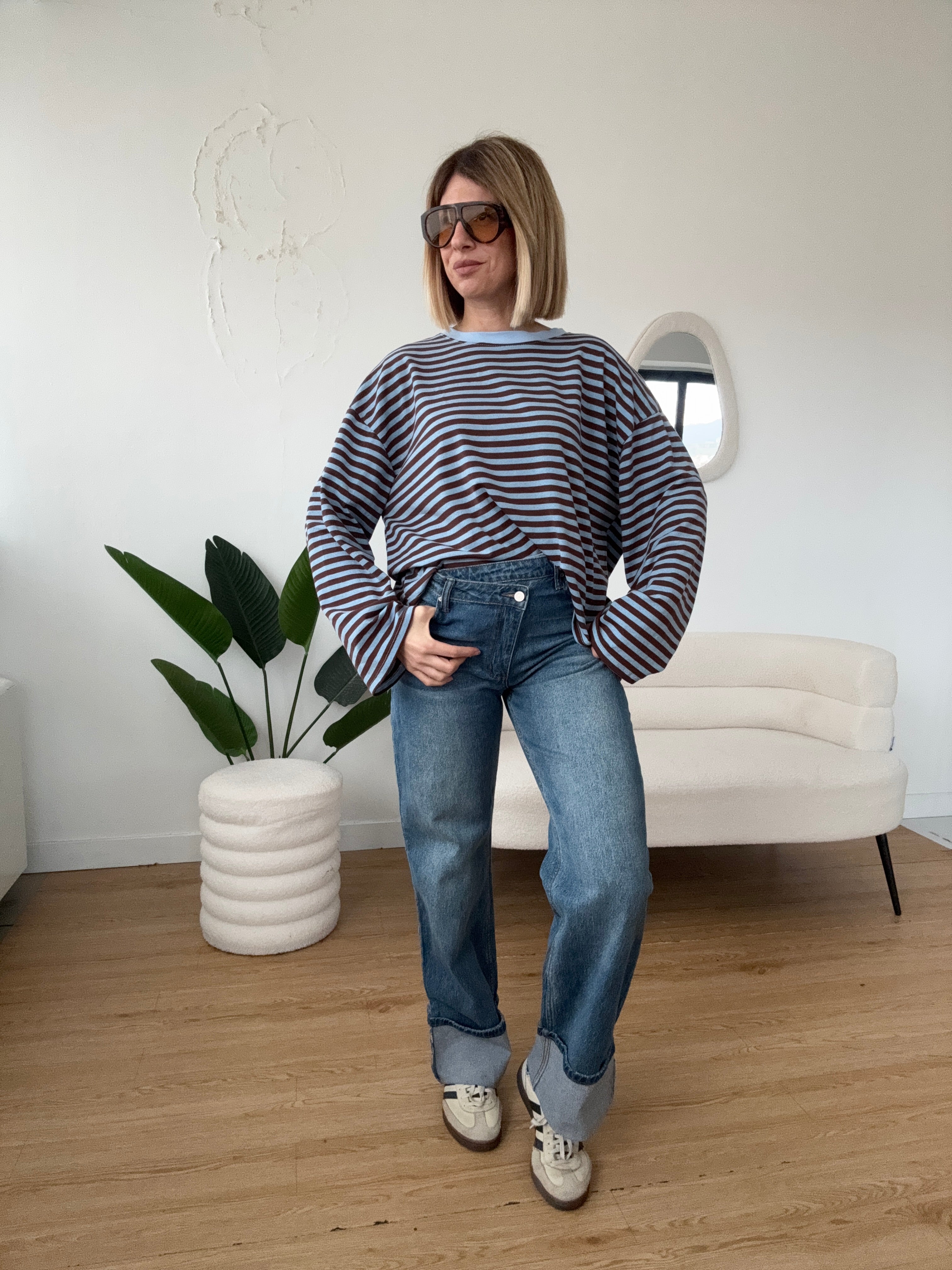 T-shirt in cotone a righe manica a campana