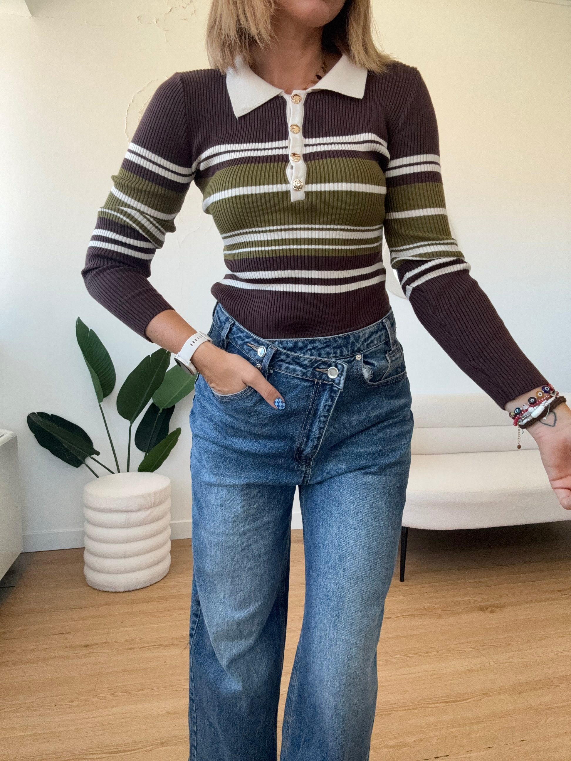 Body a righe a costine con bottoni oro