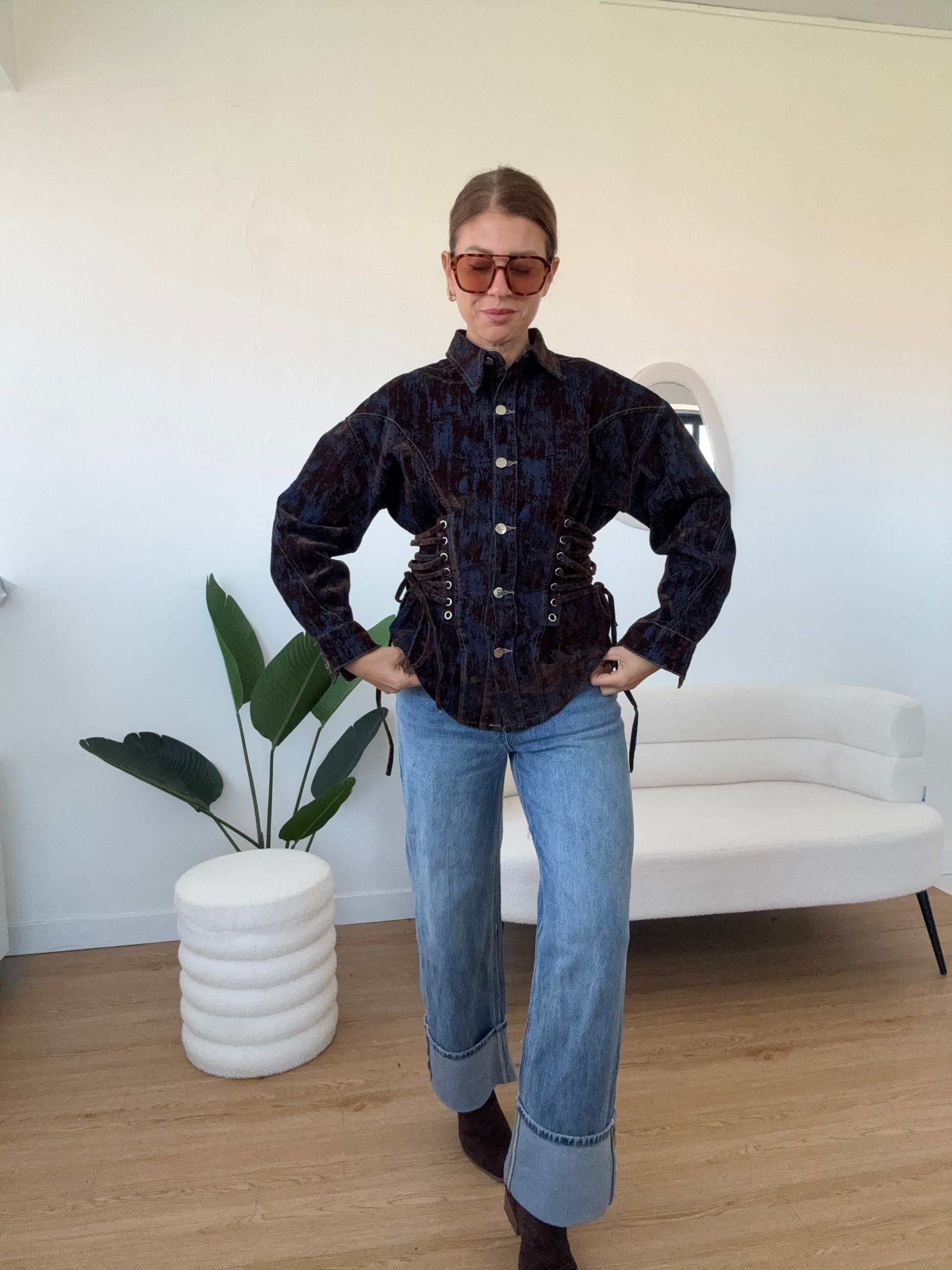 Giacca camicia denim e velluto con lacci