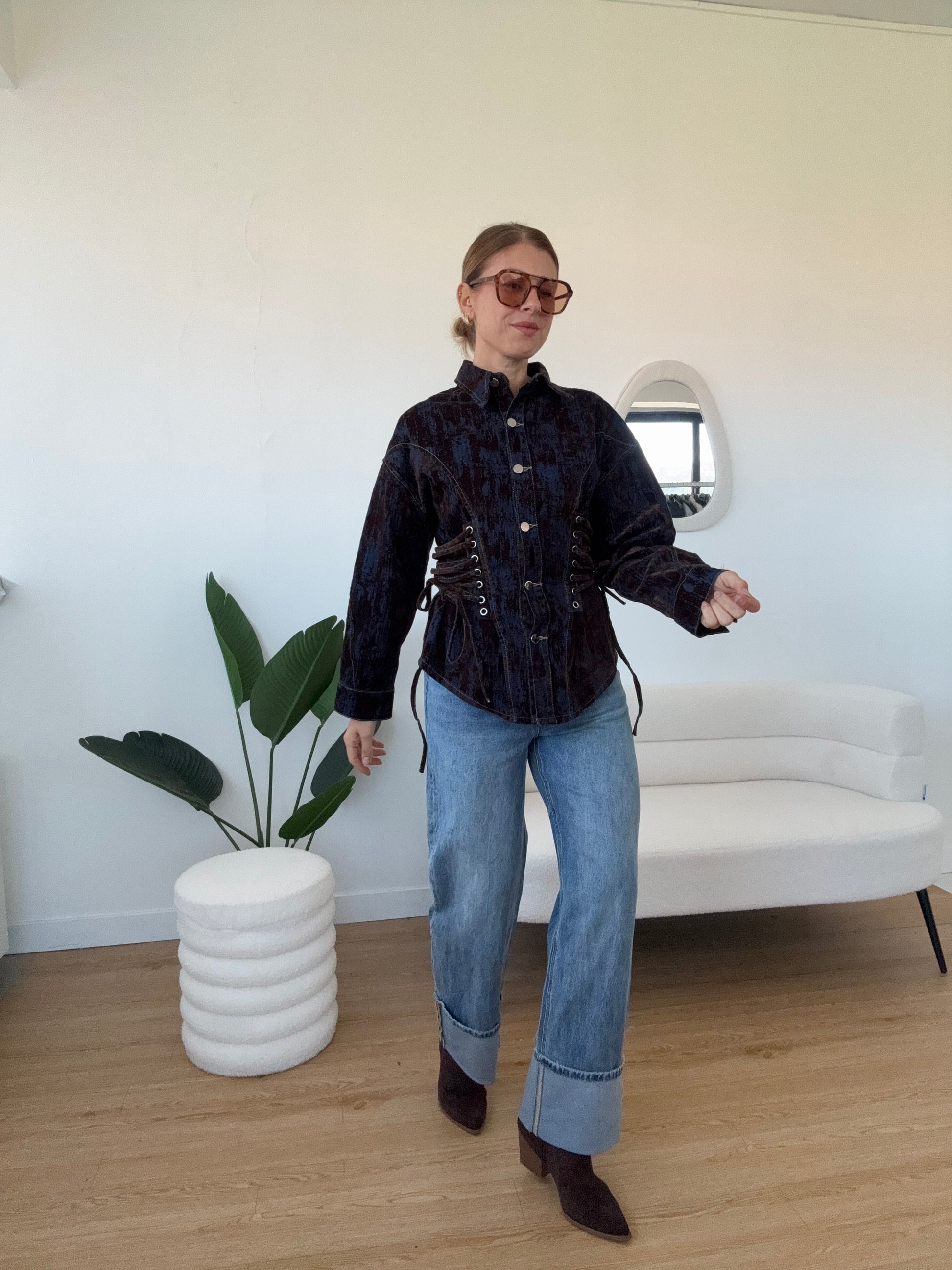 Giacca camicia denim e velluto con lacci