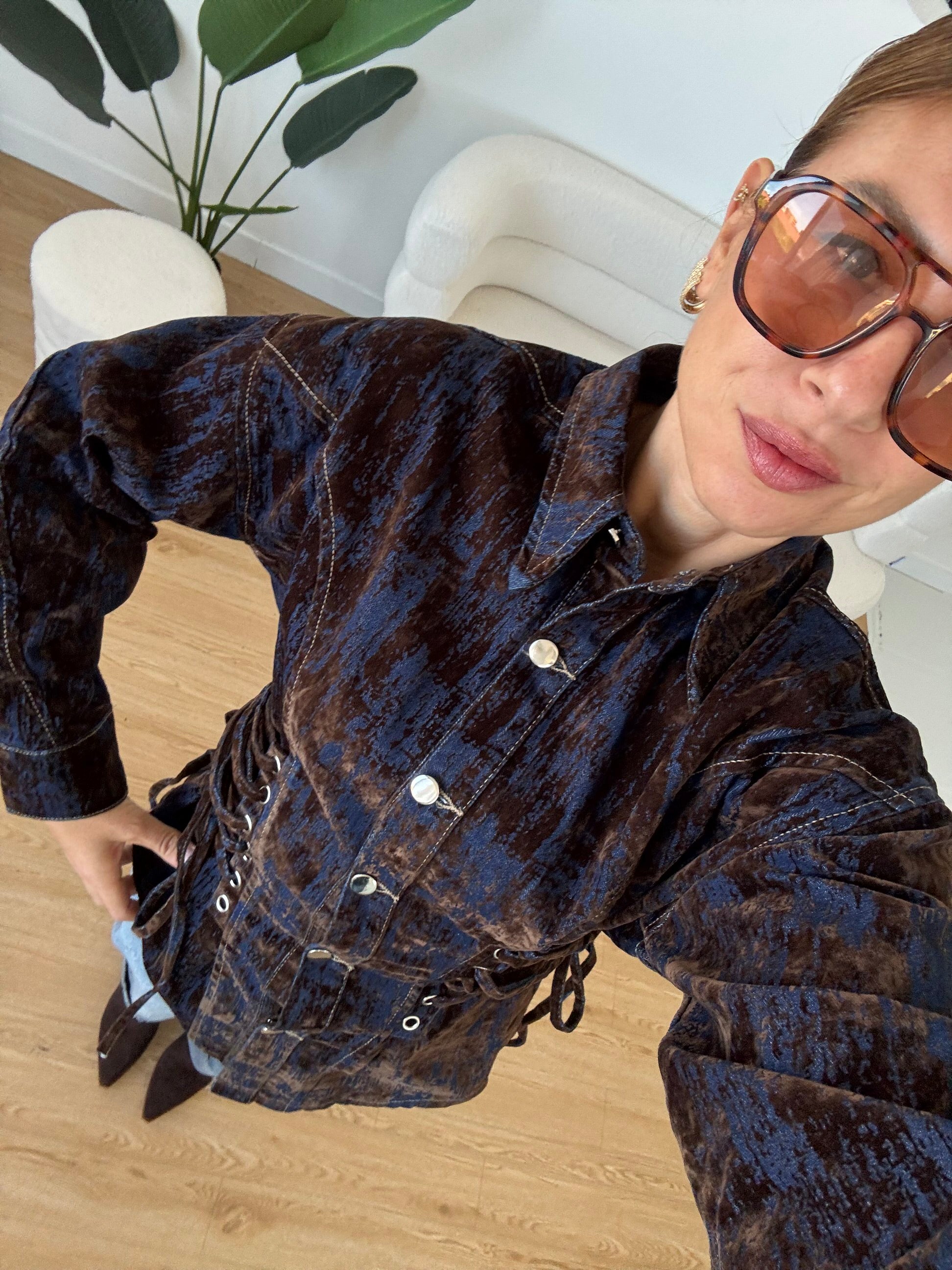 Giacca camicia denim e velluto con lacci