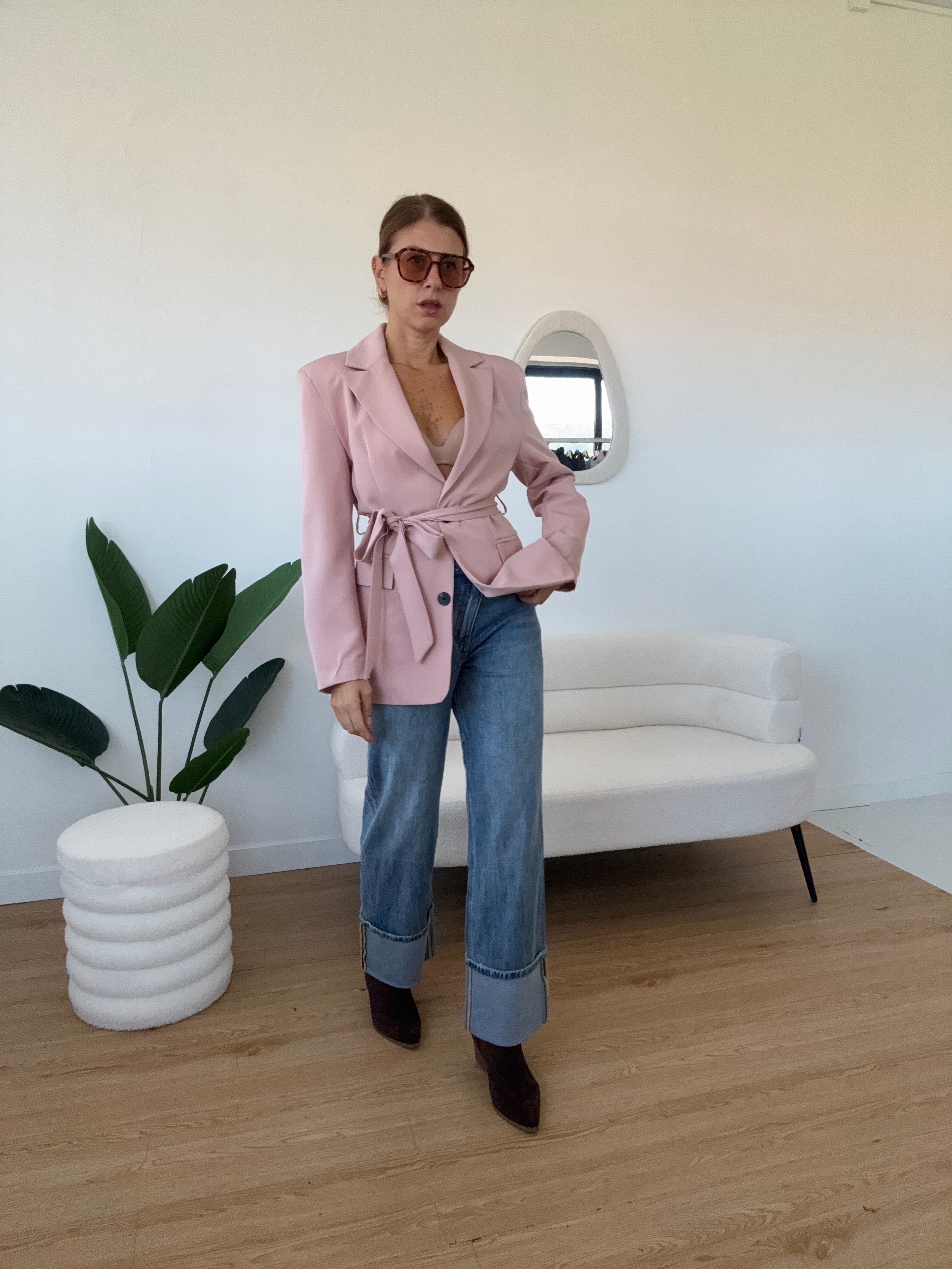 Blazer lungo rosa cipria con cintura