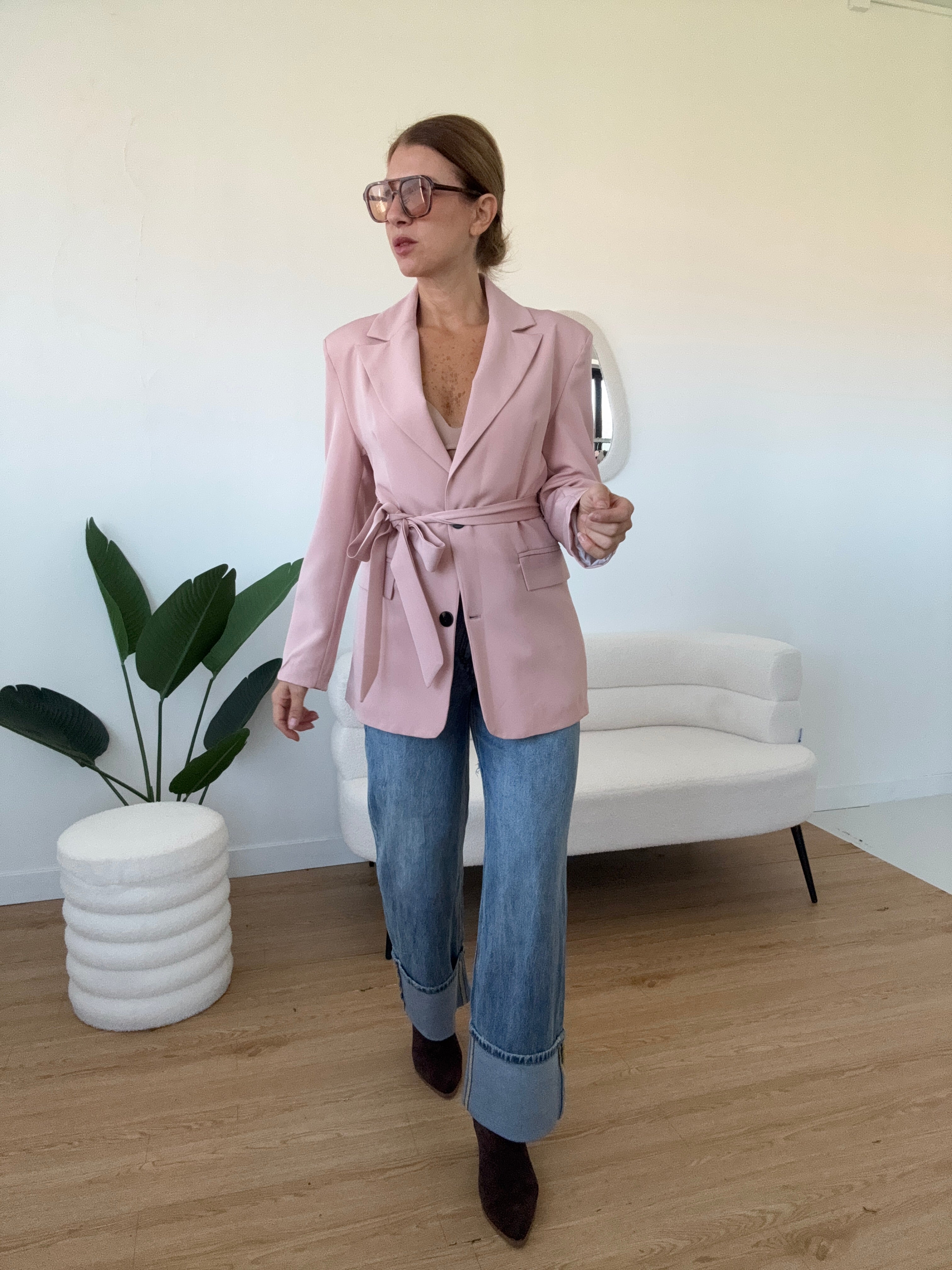 Blazer lungo rosa cipria con cintura
