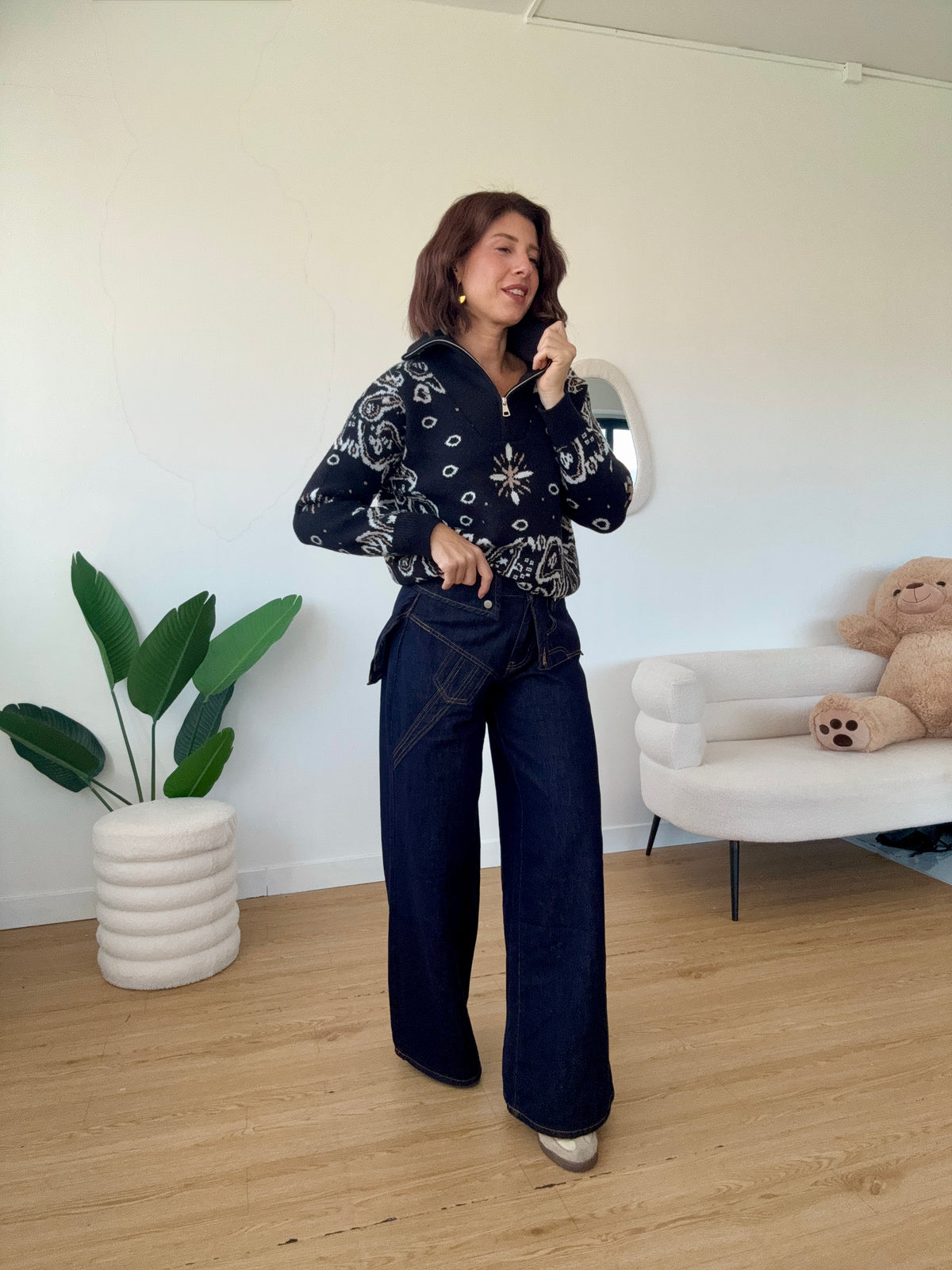 Maglione collo alto con zip stampa cachemire