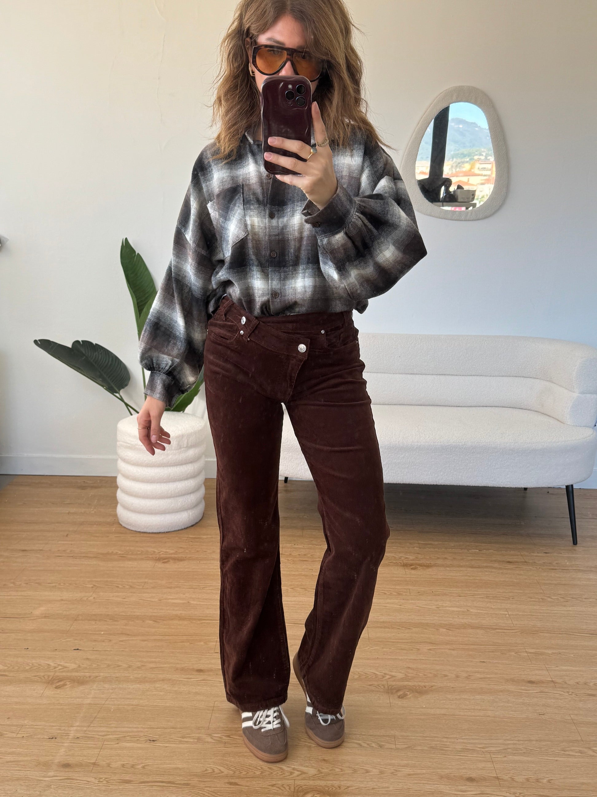 Jeans velluto chiusura asimmetrica marrone