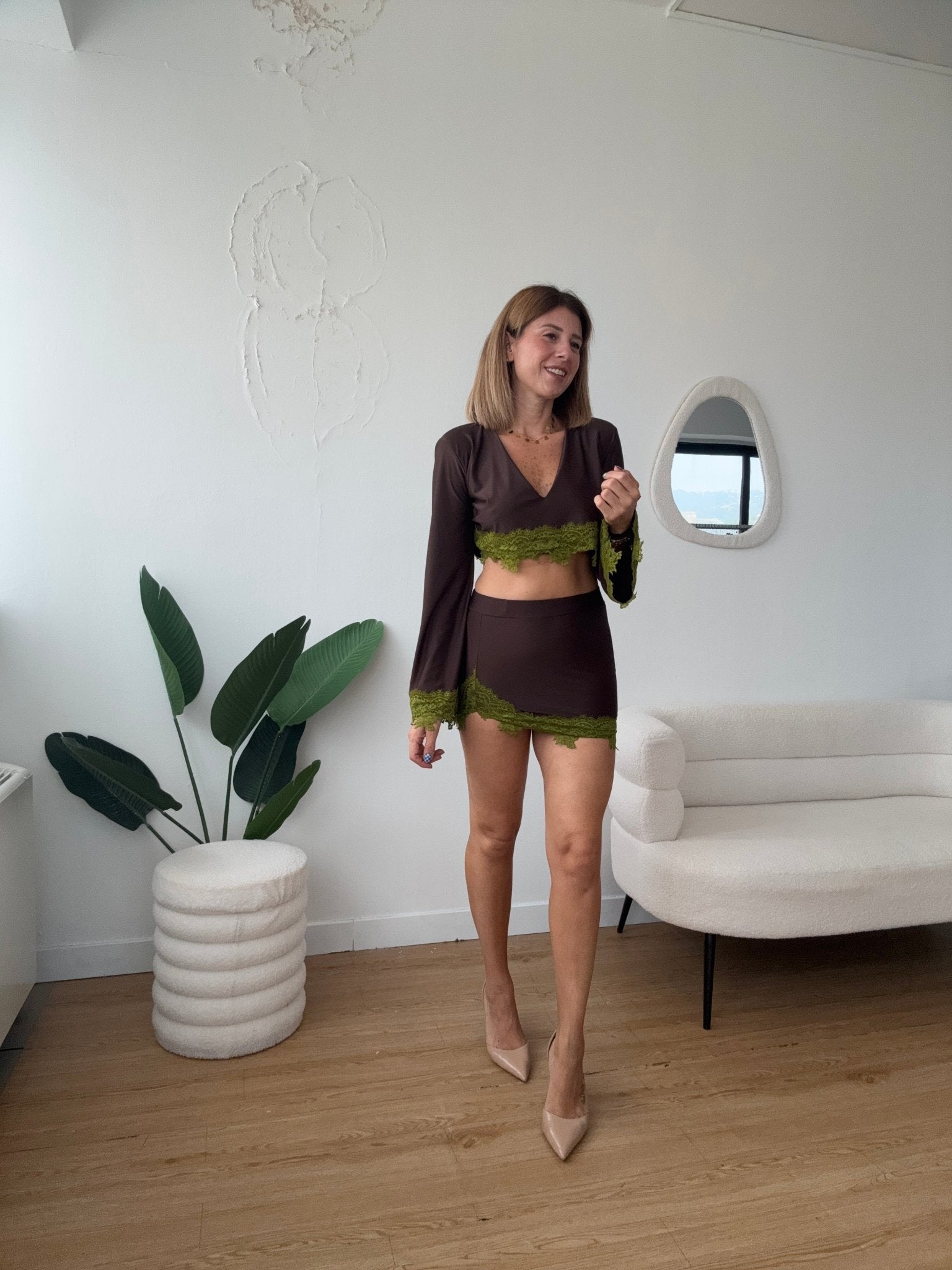 Completo top gonna pizzo a contrasto elasticizzato - GGlam